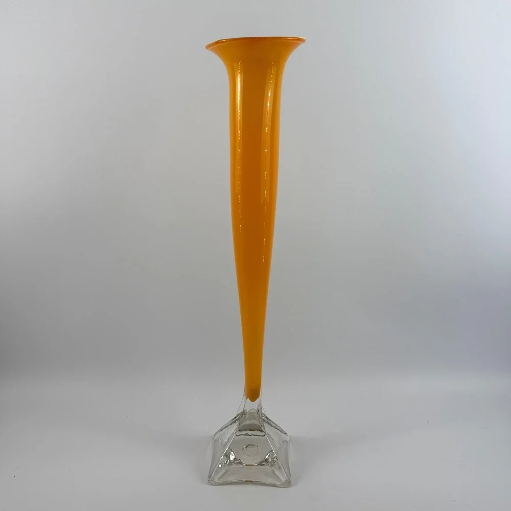 Willsea | O'Brien Orange Art Glass Trumpet Vase Signed Clear Crystal Base